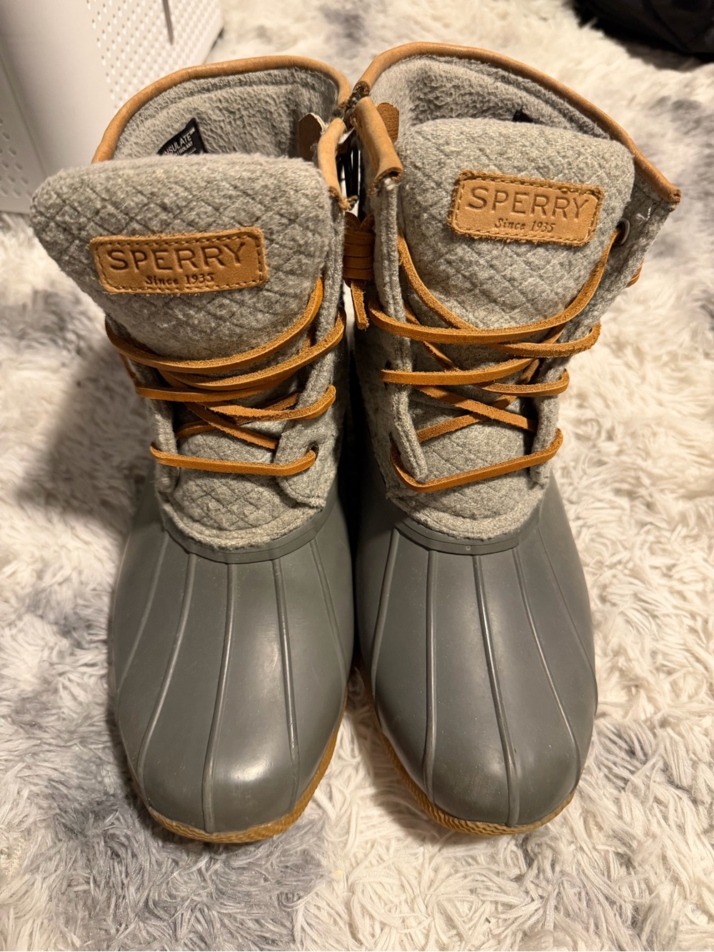 Sperry Quilted Gray Duck Boots with Tan Leather Trim women’s size 6